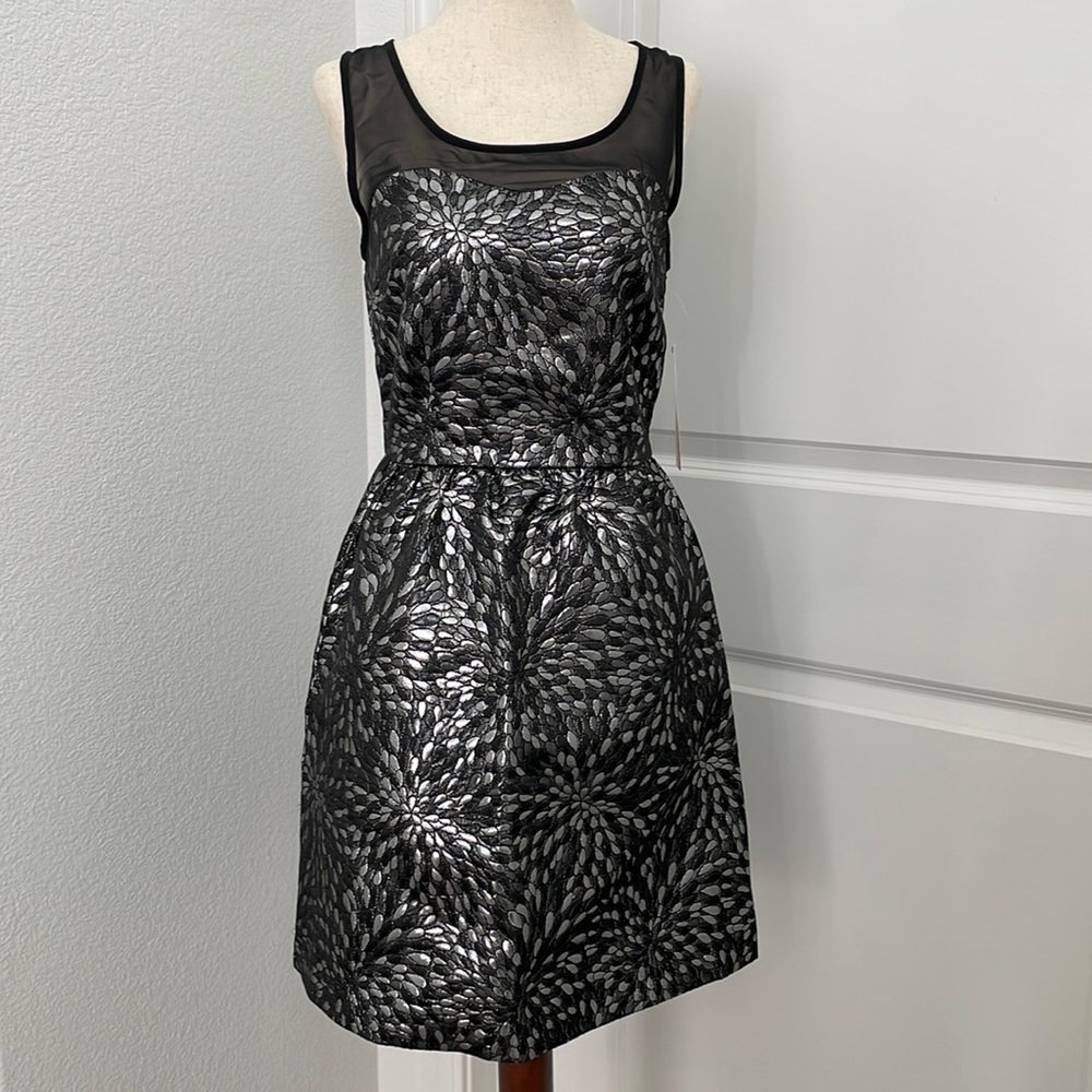 NWT Elle Deco Decadence Black Dress Sheer Floral Silver Metallic Sleeveless 2 S